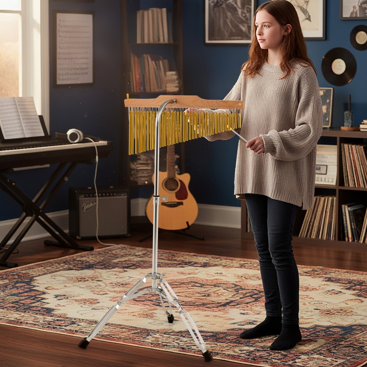 Single-row 36-bar golden chimes with adjustable height, perfect for music lessons and performances.