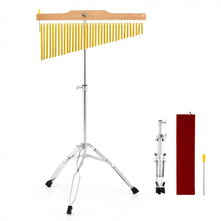 Single-row 36-bar chimes with adjustable height, beech wood support, and foldable stand for portable music performance.