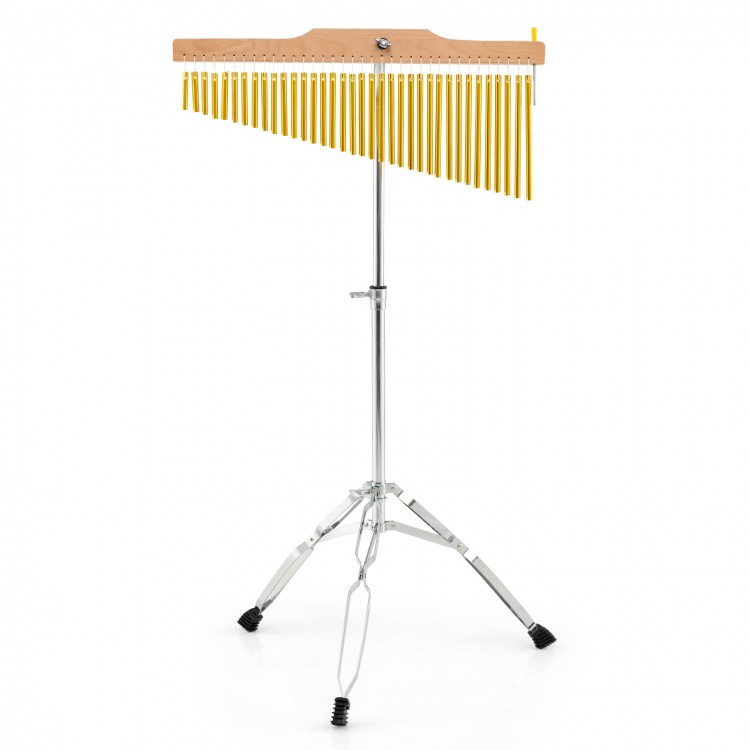 Single-row chime percussion instrument with adjustable height, beech wood support, and foldable stand for easy.