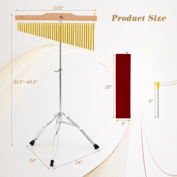 36-bar single-row chimes with adjustable height, beech wood support, and foldable stand for versatile music.