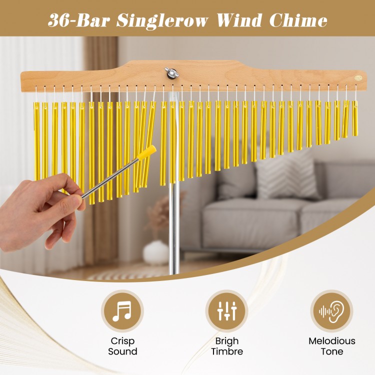 36-bar single-row wind chime with golden tubes and beech wood support, ideal for music lessons and performances.