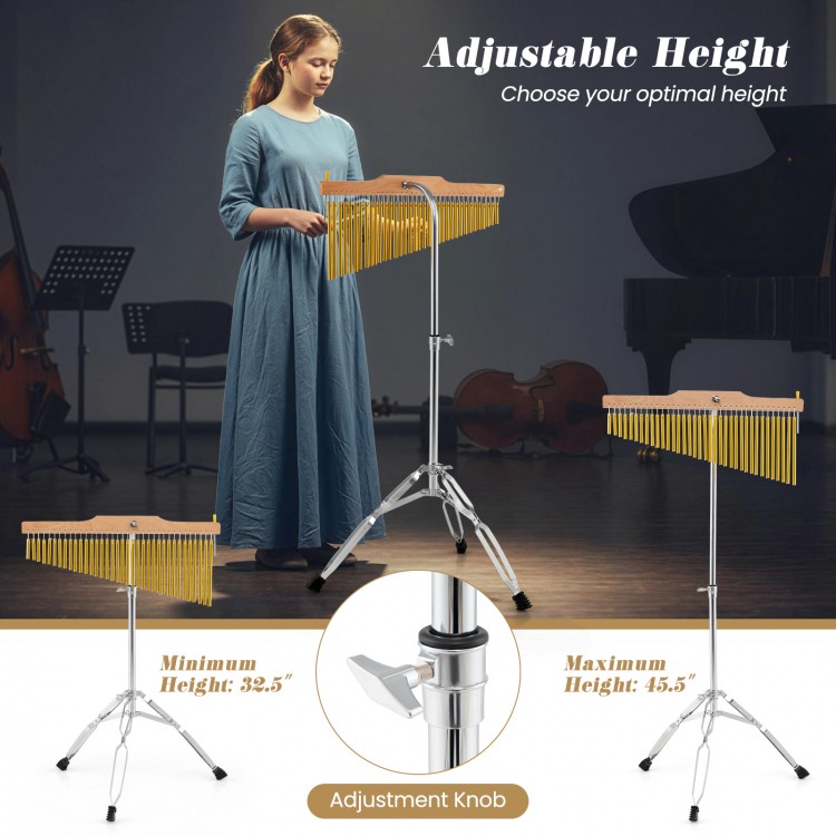 36-bar single-row chimes with adjustable height, beech wood support, and metal fixation for versatile musical.