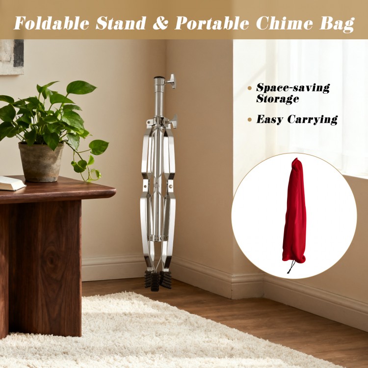 Foldable stand for 36-bar chimes with portable bag, featuring adjustable height and sturdy beech wood support.