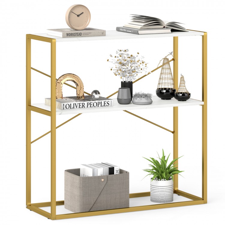 36" console table with white wooden shelves and gold metal frame, ideal for entryways or narrow spaces.