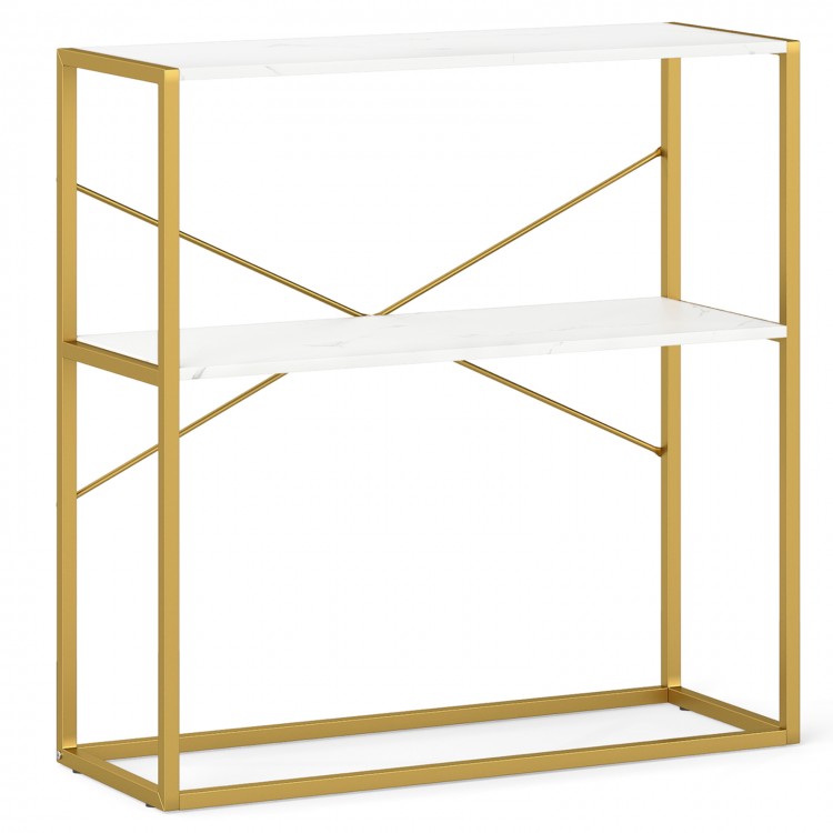 36" console table with white wooden shelves and gold metal frame, perfect for entryways or narrow spaces.