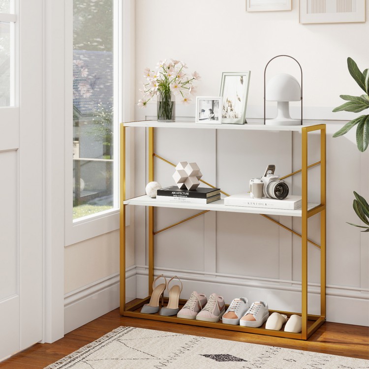 36" console table featuring a gold metal frame and open shelves, perfect for displaying decor and storing shoes in.