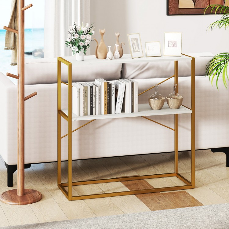 36" console table with white wooden shelves and gold metal frame, ideal for entryways or behind sofas for stylish.