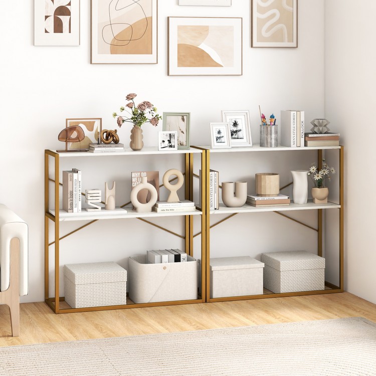 36" console table showcasing a narrow design with open shelves and a sturdy gold metal frame, perfect for hallway decor.