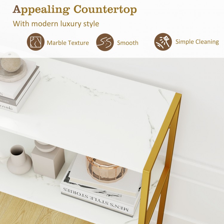 36" console table with a smooth marble texture top, gold metal frame, and open shelves for stylish entryway storage.