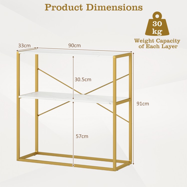 Console table dimensions with a white wooden top and gold metal frame, featuring two tiers for ample storage.
