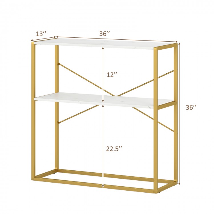 36" console table with white wooden shelves and gold metal frame, featuring two tiers for storage in narrow spaces.