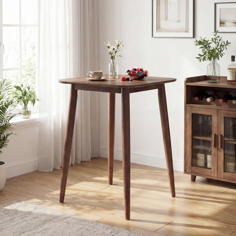Walnut high top pub table with a smooth wooden surface and solid rubberwood legs, perfect for home bar settings.