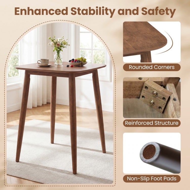 36-inch walnut high top pub table with solid rubber wood legs, rounded corners, and non-slip foot pads for stability.