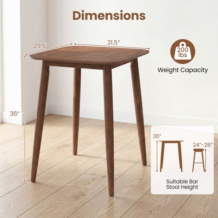 36-inch walnut high top pub table with solid rubberwood legs, ideal for dining rooms or home bars, featuring rounded.