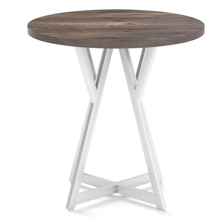 Round dining table with a 31.5" antique wood-grain top and sturdy X-shaped metal base, ideal for various settings.