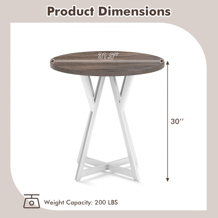 Round dining table dimensions showing a 31.5" diameter and 30" height, featuring a rustic wood-grain surface and metal.