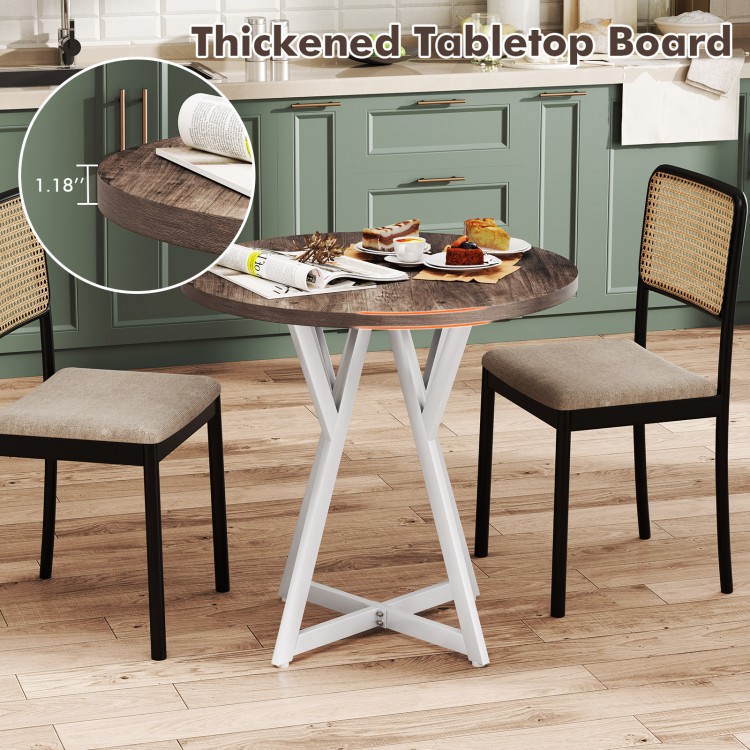 Round dining table with a 31.5" antique wood-grain surface and sturdy X-shaped metal base for versatile settings.