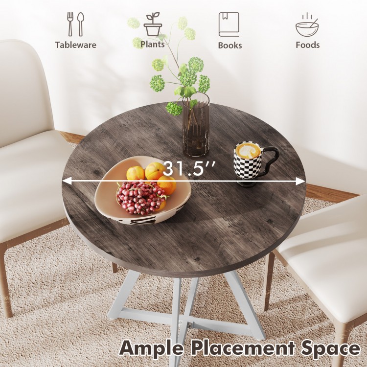 Round dining table with a 31.5" diameter, antique color panel, and sturdy metal pedestal base for versatile settings.