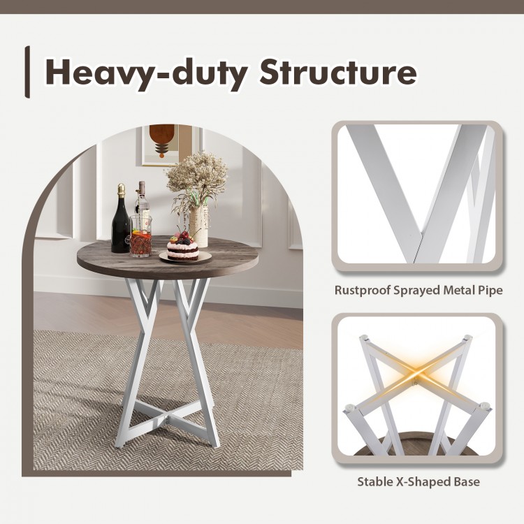 36-inch round dining table with a natural wood-grain surface and sturdy X-shaped metal base for versatile placement.