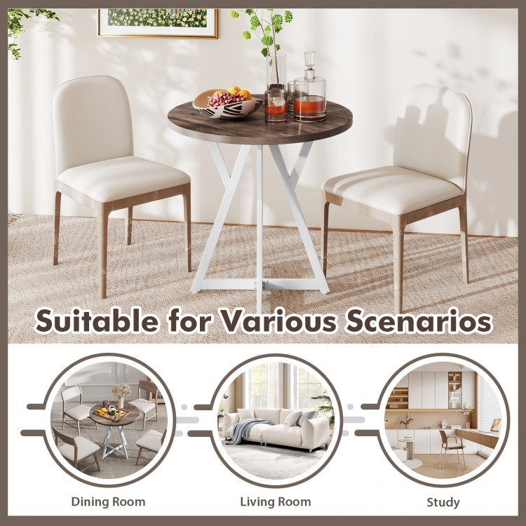 36-inch round dining table with an antique wood-grain surface and sturdy metal pedestal base, ideal for various.