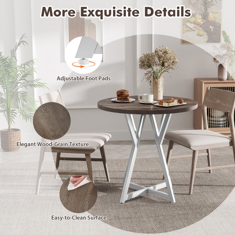 36-inch round dining table with a natural wood-grain surface and sturdy X-shaped metal base, ideal for various settings.