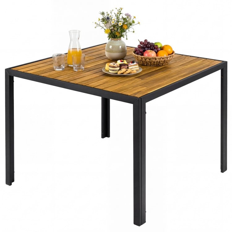 36-inch square outdoor dining table with acacia wood slatted top, suitable for 4 people, perfect for patio gatherings.