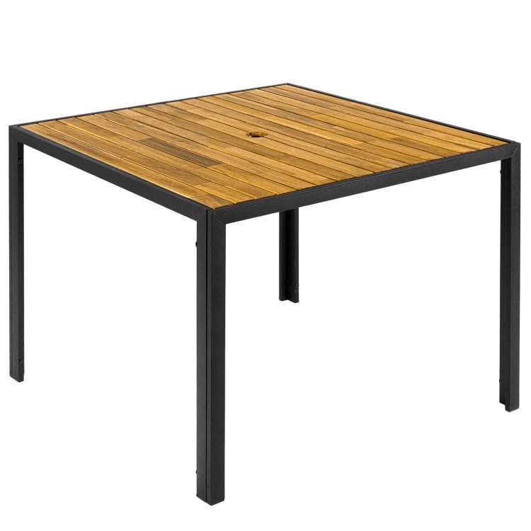 36-inch square outdoor dining table with acacia wood slatted top and metal frame, perfect for patio gatherings.