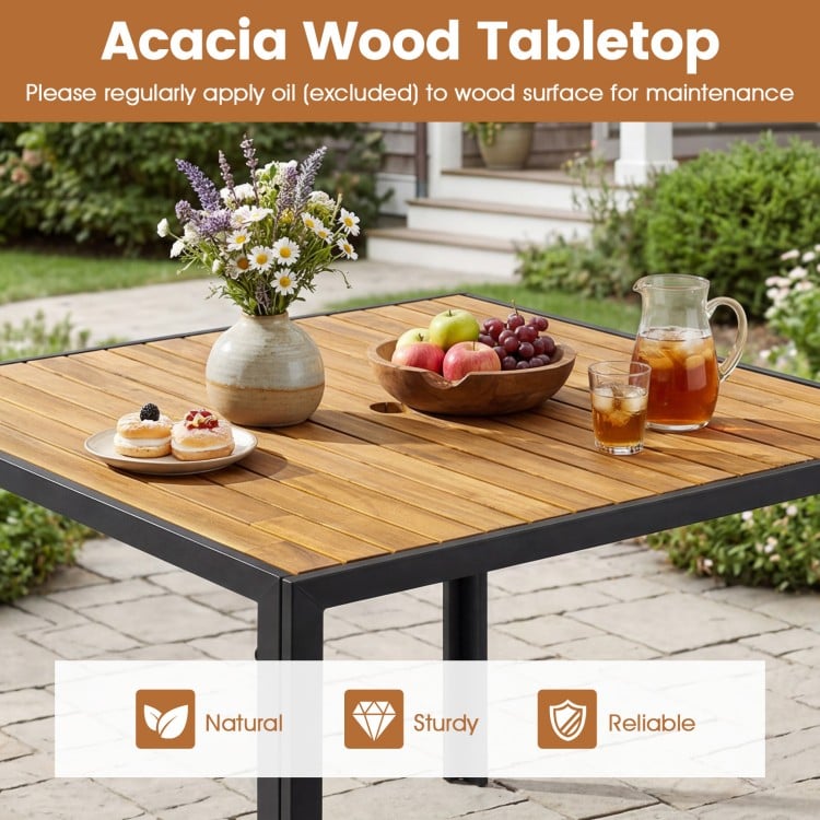 36-inch square outdoor dining table with acacia wood slatted top, perfect for 4 people on your patio or garden.
