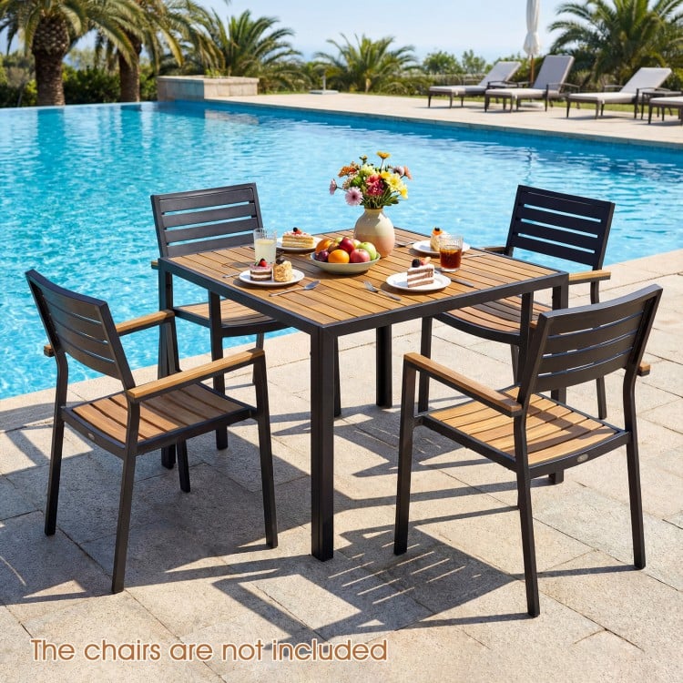 36-inch square outdoor dining table with acacia wood slatted top, perfect for patio gatherings, seats up to 4 people.
