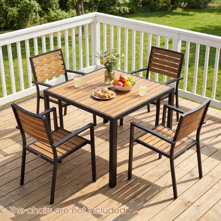 36-inch square outdoor dining table featuring a natural wood grain slatted top, ideal for backyard gatherings and.