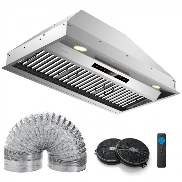 36-inch under cabinet range hood in silver with 4 fan speeds, baffle filters, and remote control for efficient smoke.