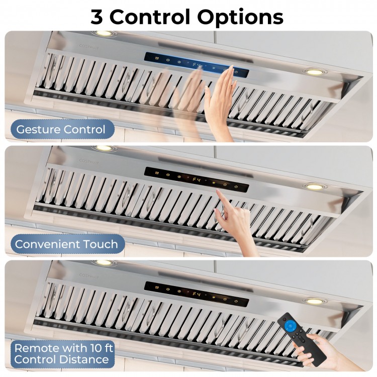 Three control options for the 36-inch under cabinet range hood, featuring touch, gesture, and remote control for.