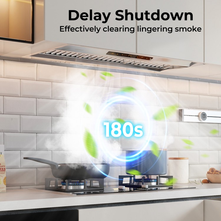 36-inch under cabinet range hood with 900 CFM airflow, 4 fan speeds, and 180s delay shutdown for effective smoke.