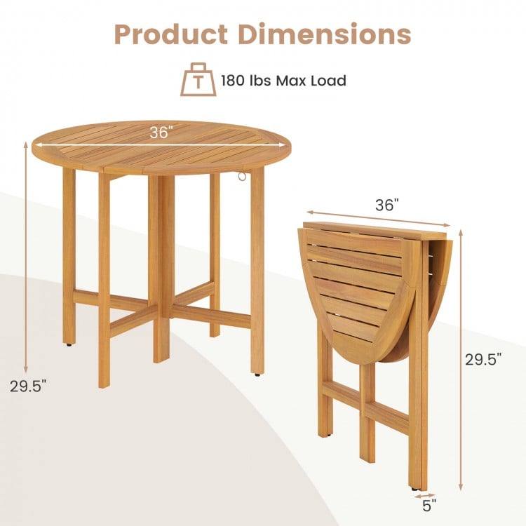 36-inch outdoor folding round dining table made of acacia wood, featuring a slatted tabletop and space-saving design.