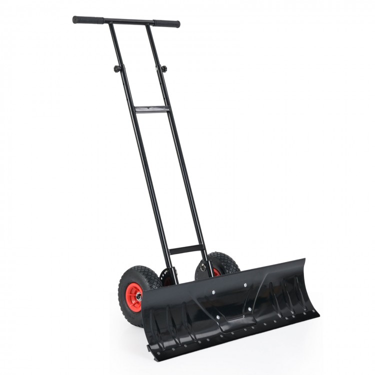 36-inch wheeled snow shovel with adjustable angle, ergonomic handle, and wide blade for efficient snow removal.
