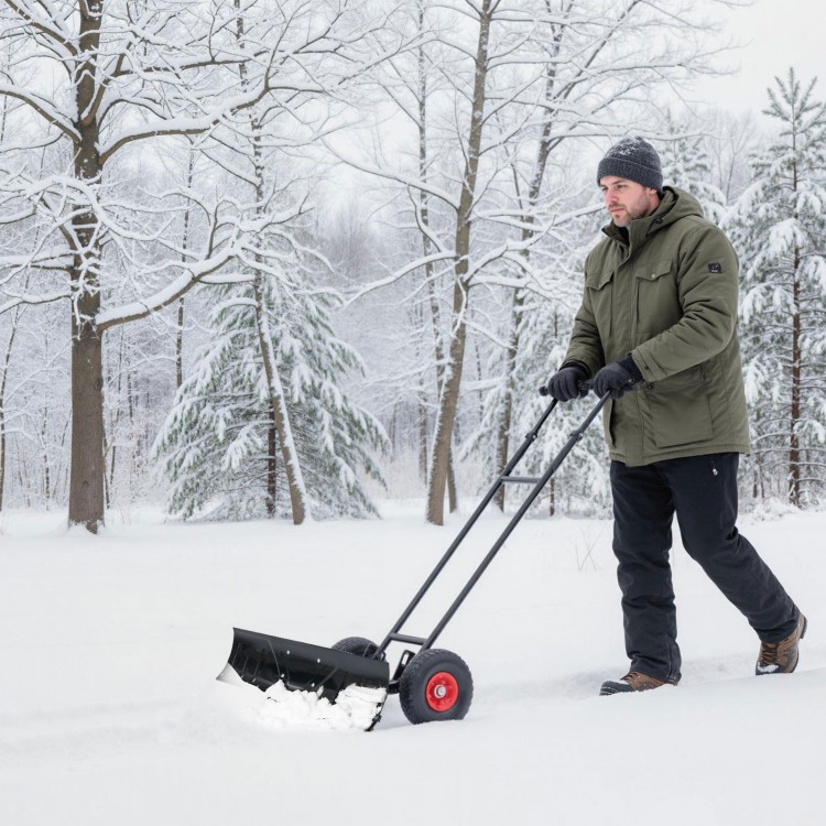 36-inch wheeled snow shovel with adjustable angle and ergonomic handle for efficient snow removal in winter conditions.