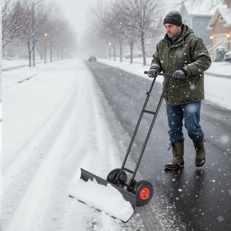 36-inch wheeled snow shovel with adjustable angle and ergonomic handle, designed for efficient snow removal on.