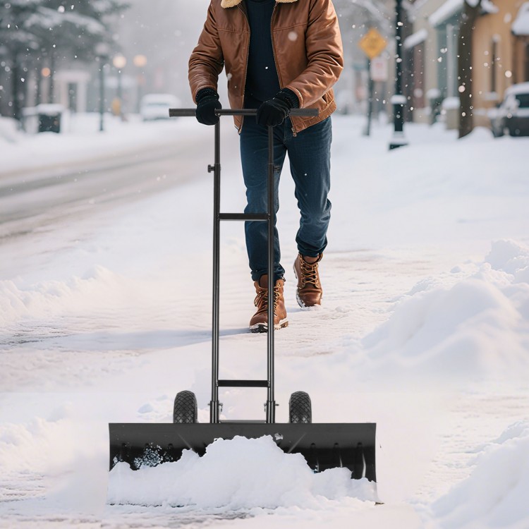 36-inch wheeled snow shovel with adjustable angle and ergonomic handle, ideal for efficient snow removal on smooth.