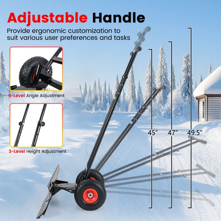 36-inch snow shovel with wheels showing adjustable handle height and angle for ergonomic snow removal efficiency.