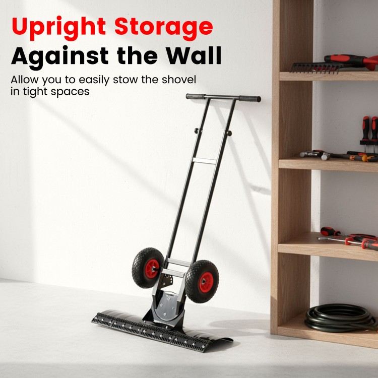Wheeled snow shovel with adjustable angle and ergonomic handle, stored upright against the wall for compact.