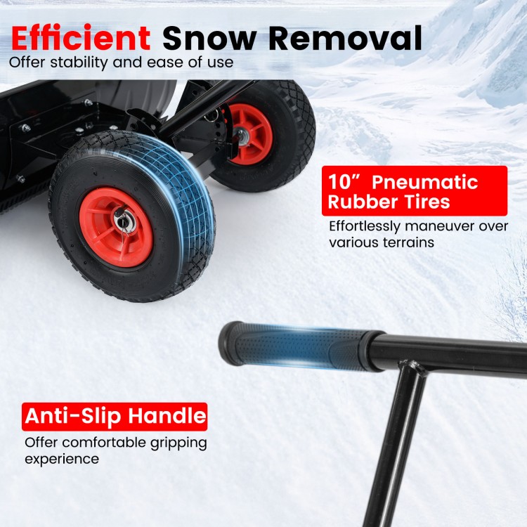 36-inch snow shovel with wheels, featuring 10" pneumatic tires and an ergonomic handle for efficient snow removal.