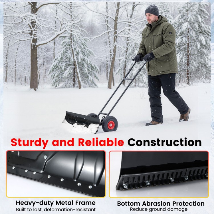 36-inch snow shovel with wheels, adjustable angle, and ergonomic handle for efficient snow removal and easy maneuvering.