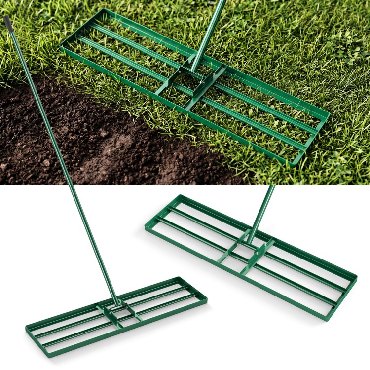 Lawn leveling rake with a 36 x 10 inch plate and ergonomic handle, perfect for achieving a smooth lawn surface.