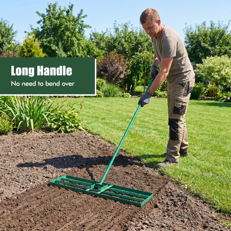 Lawn leveling rake with a long ergonomic handle for easy use, featuring a large plate for even lawn surface leveling.