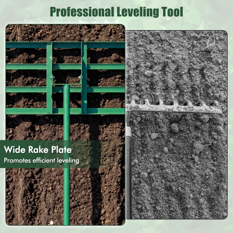 Lawn leveling rake with a 36 x 10 inch wide rake plate and ergonomic handle for efficient lawn surface leveling.