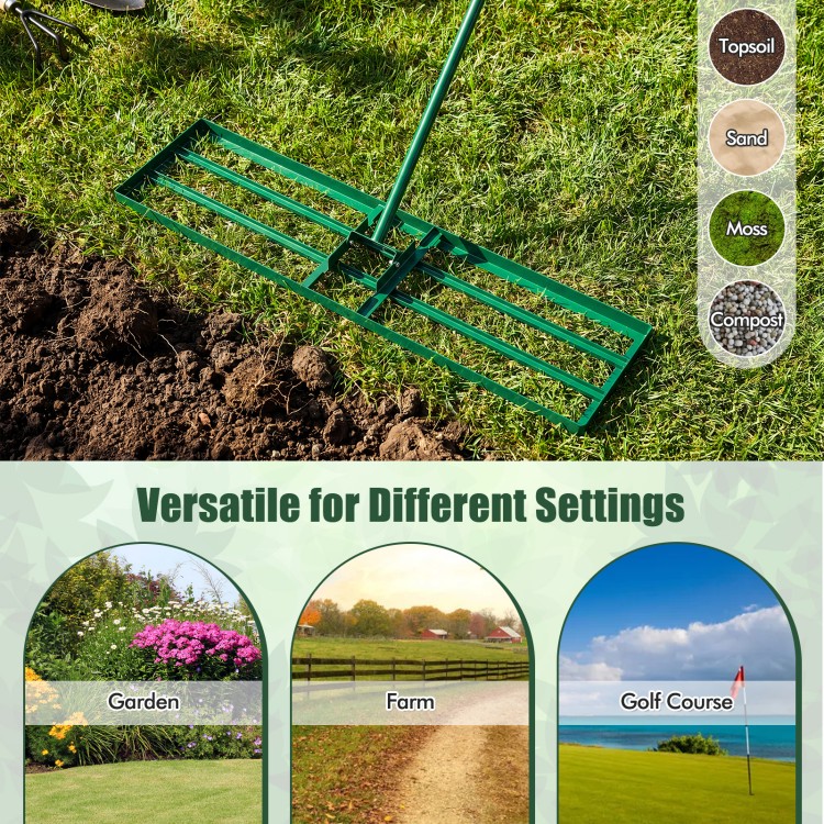 Lawn leveling rake with ergonomic handle, 36 x 10 inches, ideal for leveling surfaces in gardens, farms, and golf courses.