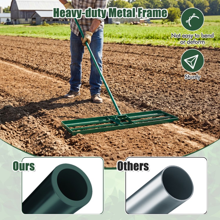 36 x 10 inch lawn leveling rake features a heavy-duty metal frame and ergonomic handle for easy lawn surface leveling.