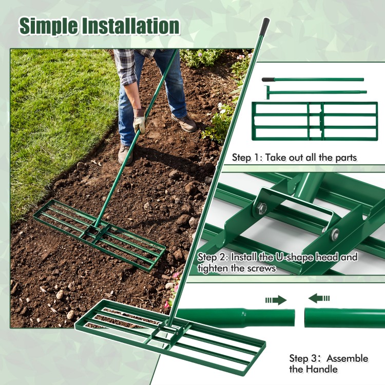 Lawn leveling rake with a 36 x 10 inch plate and ergonomic handle, ideal for leveling grass surfaces in gardens.