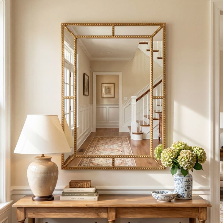 Gold wall mirror with beaded frame, 36 x 24 inches, perfect for living room or entryway decor.