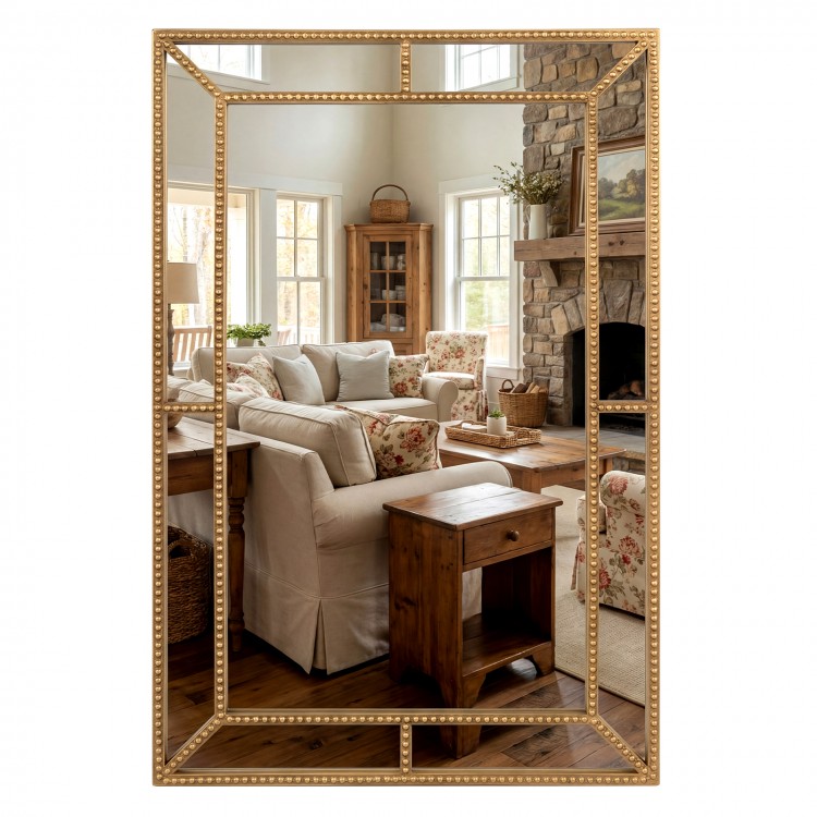 Gold wall mirror with beaded frame, 36 x 24 inches, perfect for adding elegance to living rooms or entryways.